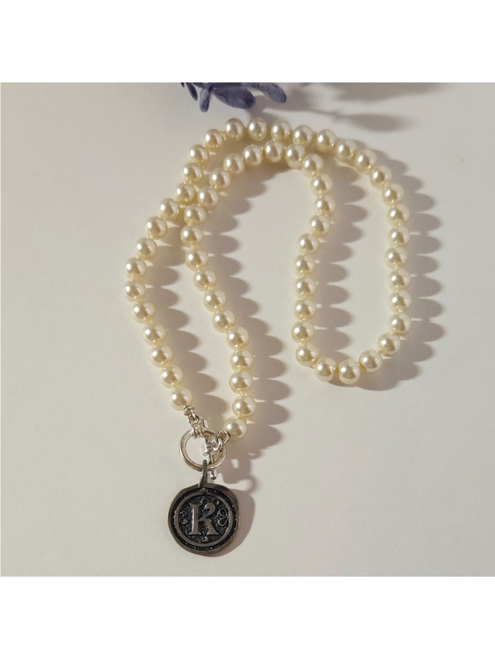 Hand Knotted 18” Faux Pearl Necklace with 'K' Charm Silver Toggle Closure - Picture 3 of 8